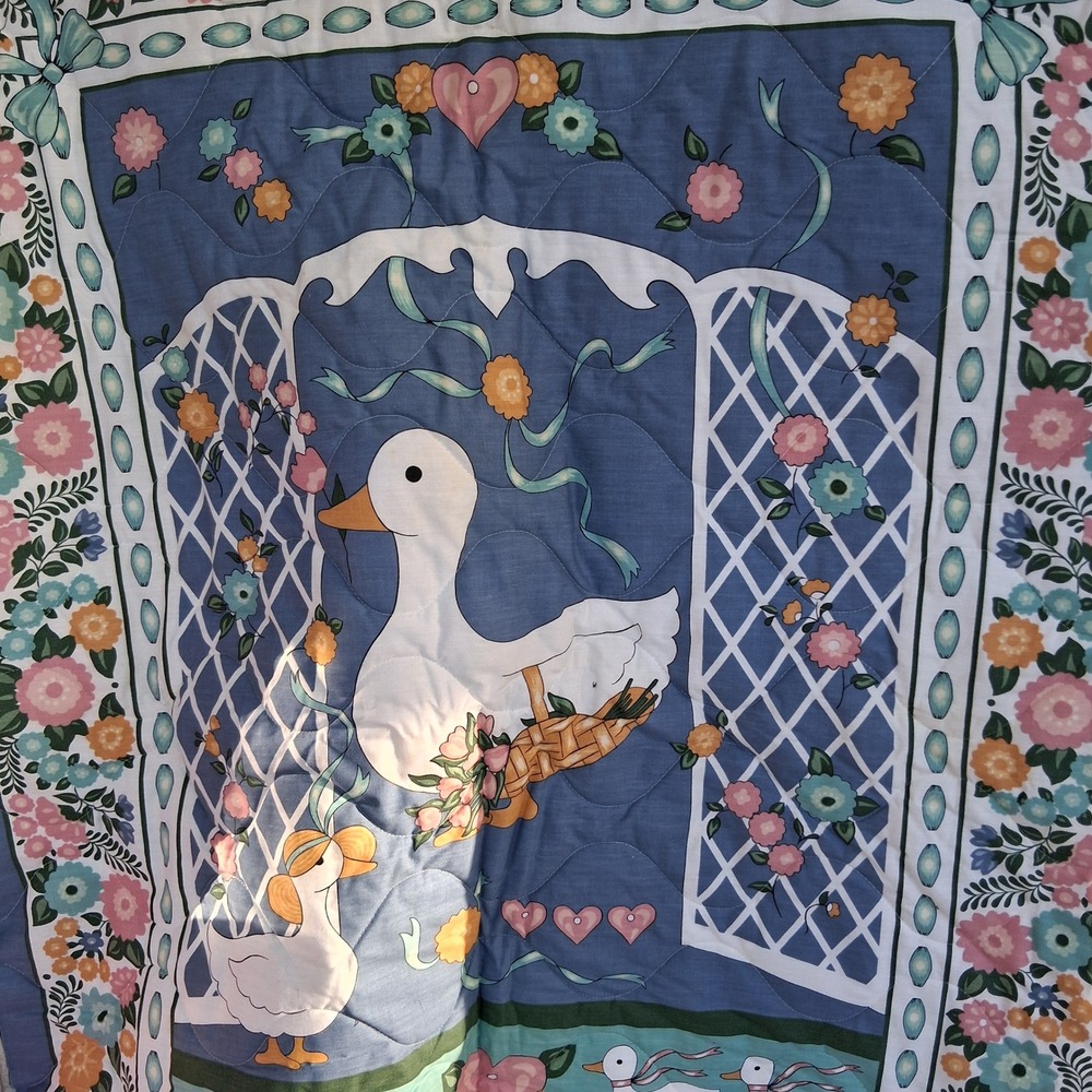 Vtg 80s 90s Cuddle Prints UNFINISHED Floral Quilt Baby Blanket Goose Duck Blue